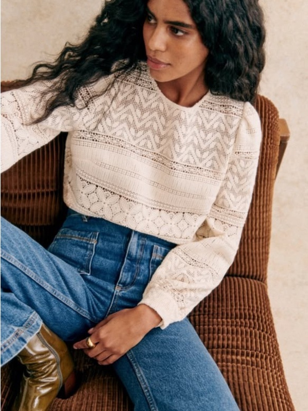 Sezane Ecru Crochet Ivory Top Sz 34, 2 US
